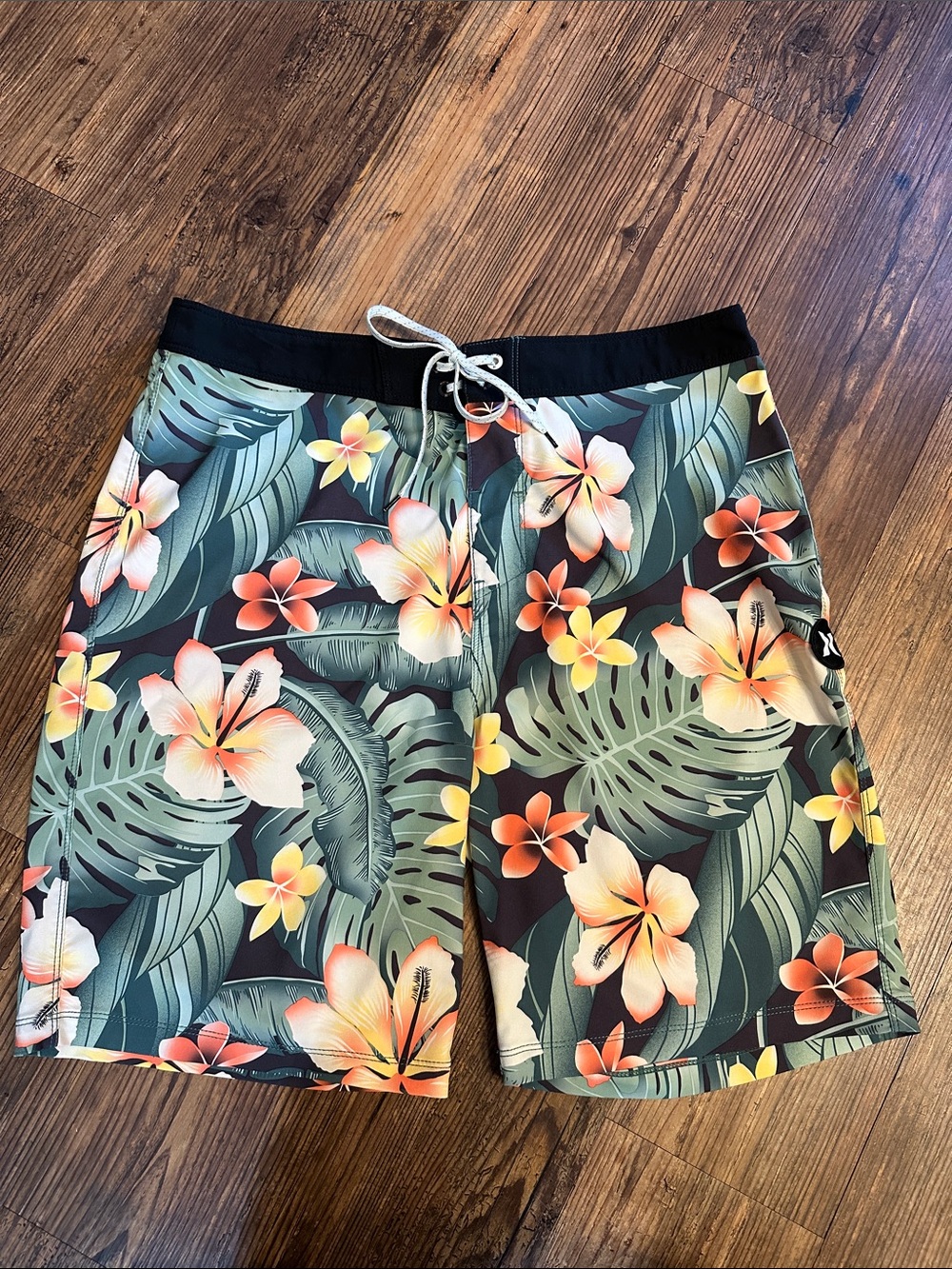 Men's Hurley Tropical Floral Swim Shorts - Black with Green & Coral Floral